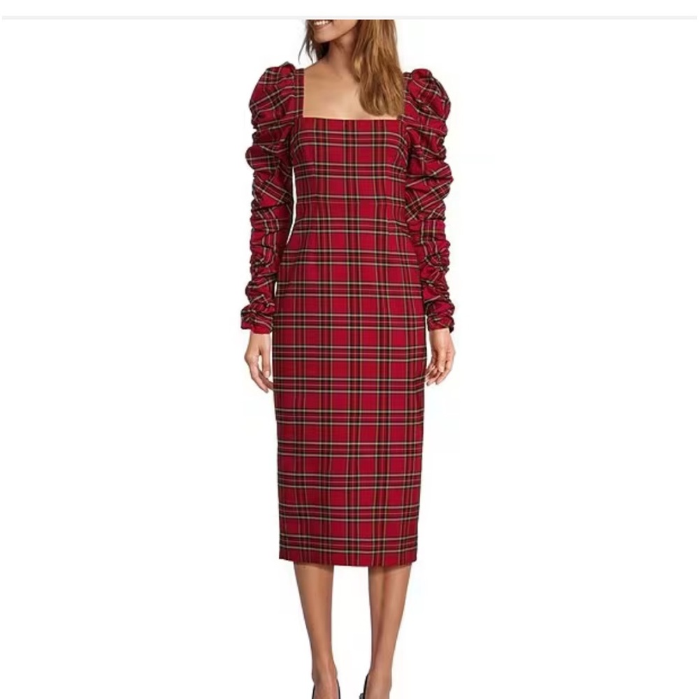 🆕 ANTONIO MELANI Red Plaid Square-Neck Midi Dress with Ruched Puff Sleeves